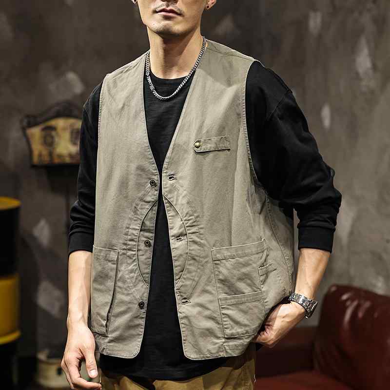 Other - メンズ 無袖 マウンテンジャケット 工装風 丸首 ボタン 薄手 綿100% 機能ポケット 明線ステッチ 秋季 軍緑 卡其 修身 登山 アウトドア ファッション 都市スタイル