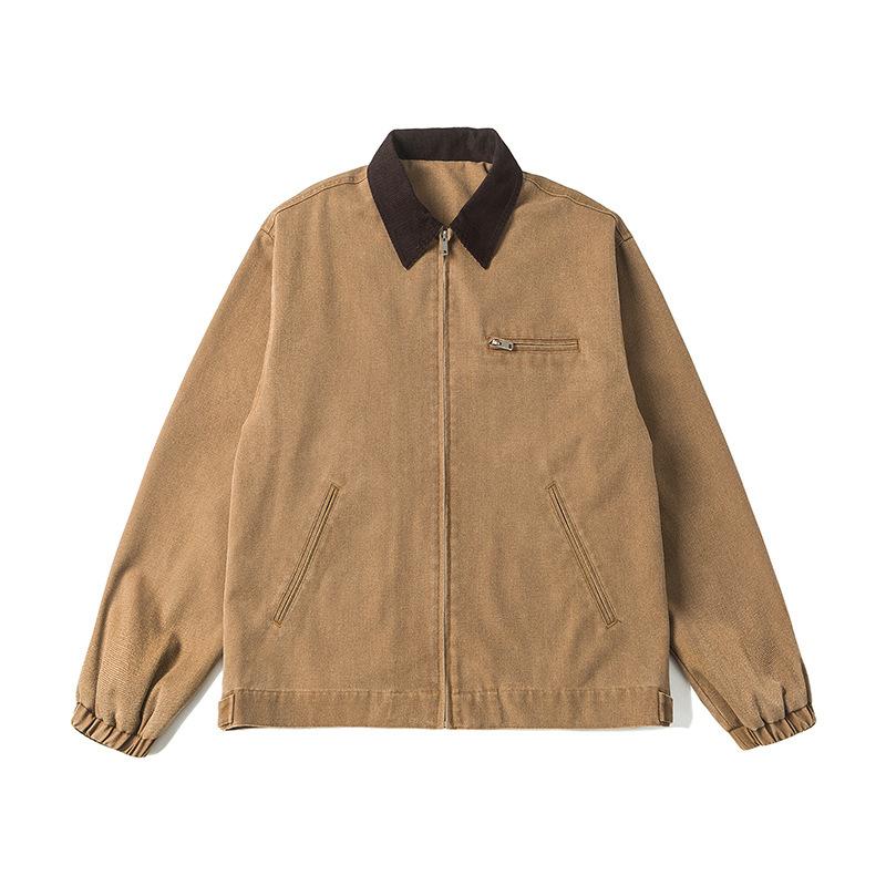 乐天商城 - ジャケット レディース メンズ 復古風 デニム コットン ポリエステル 風防 耐摩耗 色牢度高 スタンドカラー ラップ ジップ ルーズフィット ロングスリーブ ストレートヘム サイドポケット 無地 黒 茶 ピンク ミントグリーン 秋冬 秋 春 ユース カ