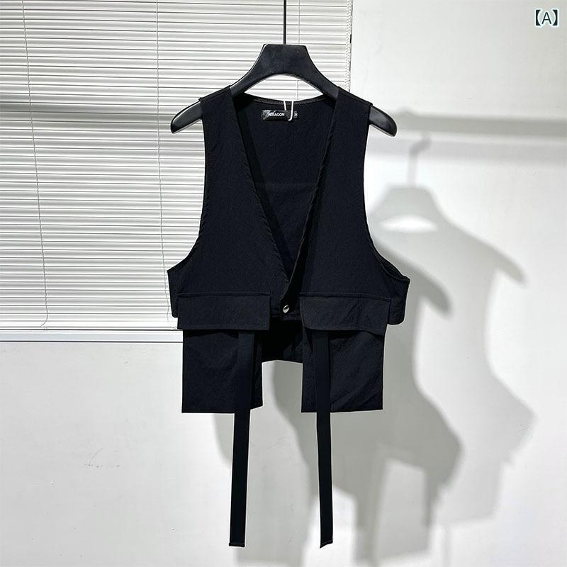 Other - メンズ 馬甲 工装 薄手 開衫 外套 街頭 ファッション 黒 Vネック ジップ 無帽 ポリエステル 混紡 軽量 多ポケット 立体 ポケット 直下摆 夏 日常 ユース カジュアル スタイル 機能性 ウェア