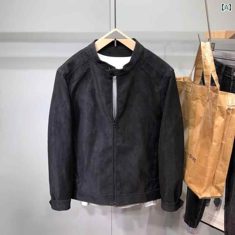 メンズ ジャケット 立領 ライダース 麂皮 ポリエステル 長袖 ラップ 黒 茶 春秋 耐摩耗 ゆったり 直裾 側ポケット 日常 韓流 ファッション 青少年 外出 スタイリッシュ 軽量 加工 コットン ライク 素材 ビッグ シルエット