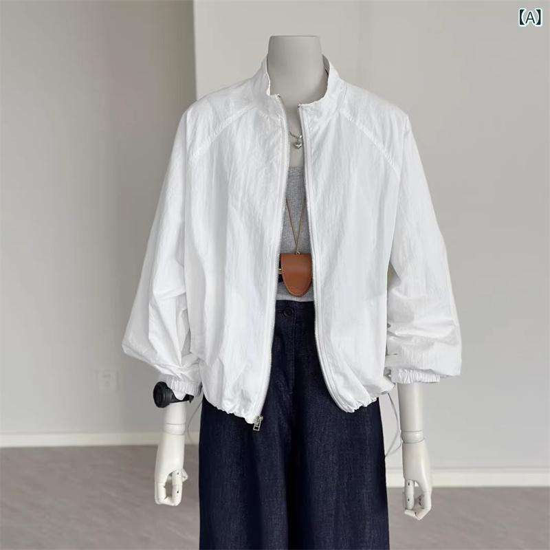 女性用 スタンドカラー 防風 防晒 薄手 ジャケット ワイドシルエット 長袖 ポロカラー プルオーバー 春 春夏 秋 ポリエステル 織物 単品 ラフ セーター コート アウトドア 日常 スポーツ ユニセックス ライトウェイト プレーン ミッドレングス ミ 2