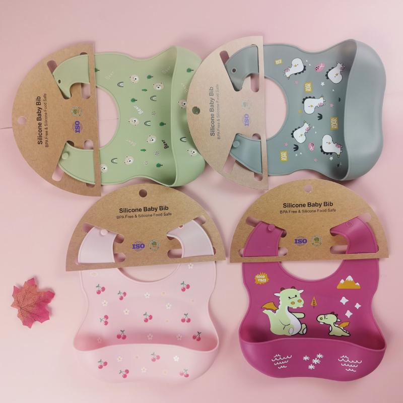 Bib - ベビー 食事エプロン 防水 防汚 食品級シリコン 男の子 女の子 動物柄 条紋 格子 純色 手描き カード 動物 顔 文字 花 抽象 ドット プリント ピンク パステルブルー イエロー 3D
