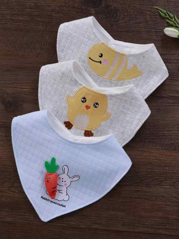 Bibs, Aprons - 三角巾 ベビー 男の子 女の子 刺繍 ダブルレイヤー 防水 綿 格子柄 カード 魚 鴨 うさぎ 新生児 食事 よだれかけ