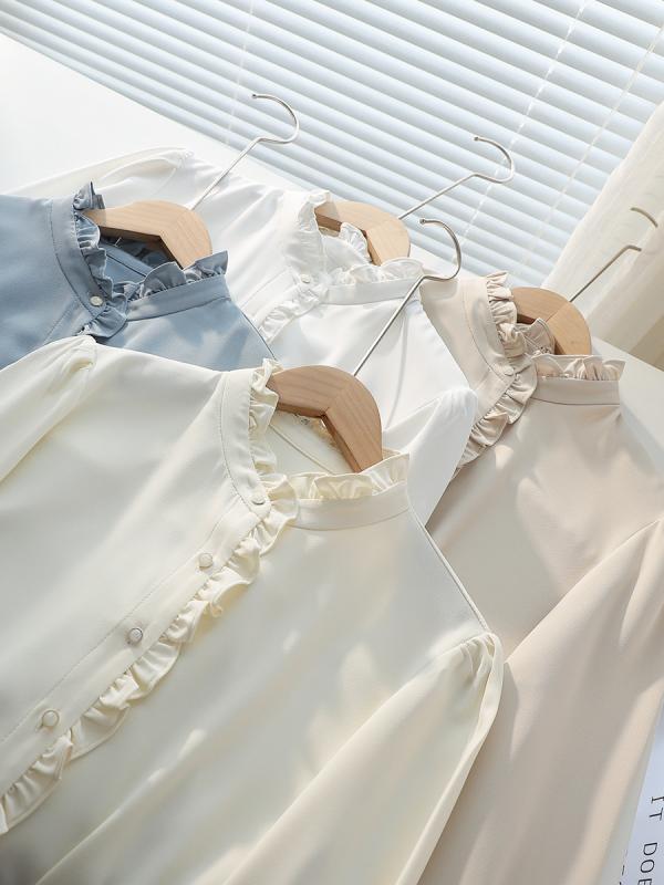 Other - シャツ 女性用 長袖 立領 白色 木耳縁 泡泡袖 フレンチスタイル 直筒型 普通丈 単排扣 抽褶加工 雪纺素材 ポリエステル 微弾性 純色 開衫 文艺復古 秋季 オールシーズン トップス ブラウス ユニセックス 通勤 普段使い 軽量 伸縮性
