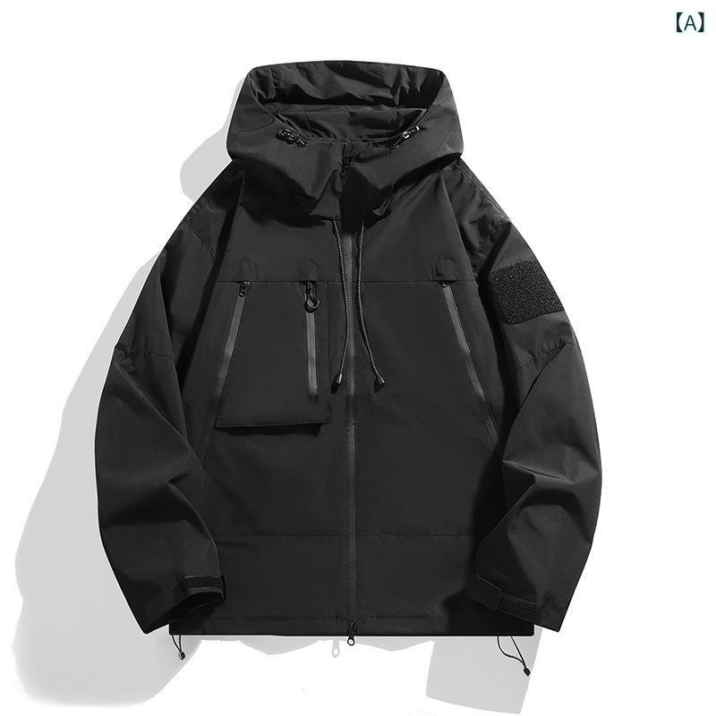 フード付き ジャケット メンズ レディース 機能性 ワーク ウェア アウトドア 登山 防風 防水 厚手 薄手 化繊混紡 ポリエステル 長袖 無領 ワイドシルエット ジップアップ 多ポケット 直下摆 純色 黒 紫 緑 秋 観光 耐摩耗