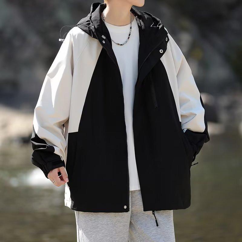 メンズ フード付きジャケット コート トレンド ゆったり ルーズ フィット カジュアル 日常 防風 撥水 機能性 ワーク ウエア 薄手 長袖 ジップアップ フラップポケット コットン ベルベット ウール 混 ポリエステル ライニング 収口袖 ブルー 黒