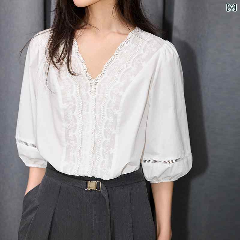 Other - シャツ レディース Vネック 泡泡袖 雪纺 花边 短袖 ピンク系 白 切り替え ポリエステル 百搭 快適 日常使い 軽量 通勤 デイリー かわいい デザイン