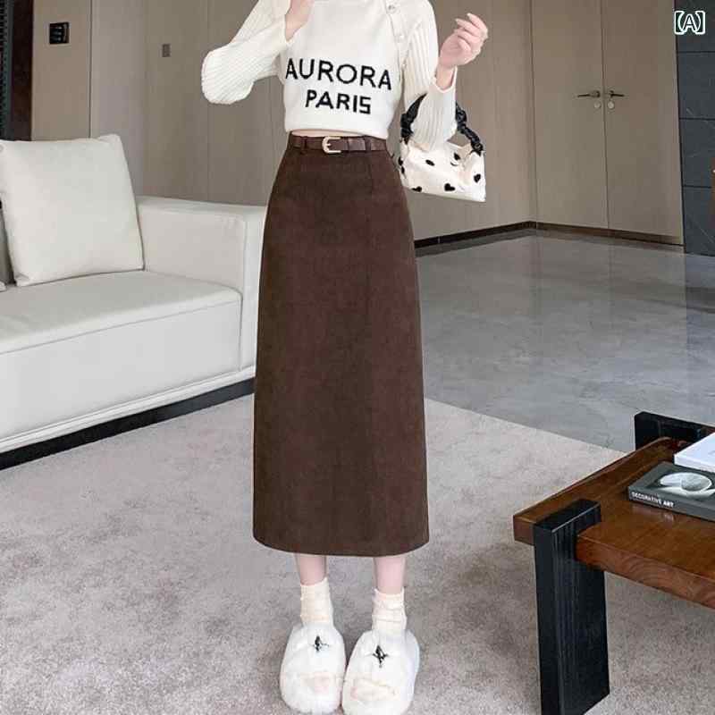 樂天商城 - 半身スカート ミドル丈 Aライン コルデュロイ ポリエステル 秋冬 ストレート 高腰 スリット 細見え 気質 通勤 都市 スタイル 黒 コーヒー カーキ ミリタリー グリーン 立体裁剪 ジッパー 軽量 伸縮性 ハイウエスト ロング丈 女性用