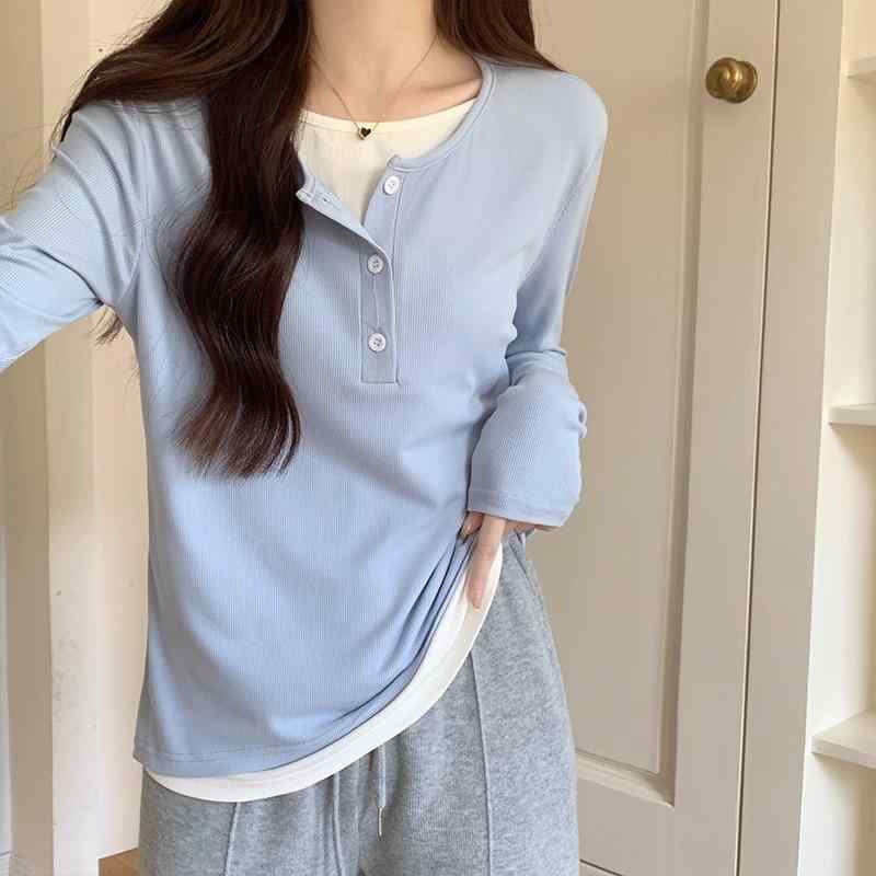 乐天商城 - Tシャツ レディース 長袖 半開き襟 切り替え ボタン 偽ツーピース 修身型 通勤風 気質スタイル 普段使い ブラウス トップス ブルー 黒 グレー 秋季 ピグメントプリント 95% 以上 素材 オフィスカジュアル レイヤード