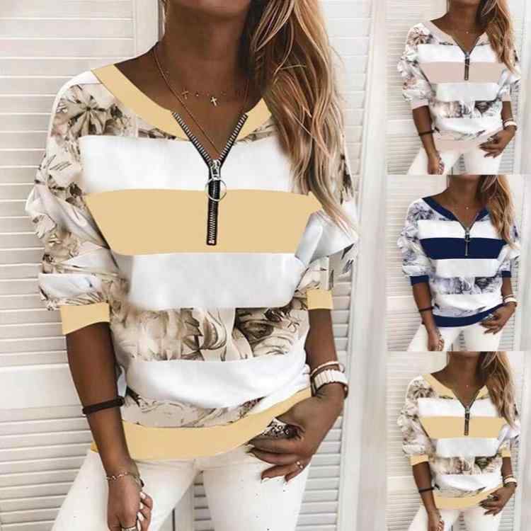 Three-Quarter - レディース Tシャツ 長袖 トップス 丸首 ゆったり ジップ デザイン ストライプ チェック 柄 数码印花 プリント ポリエステル 95% 以上 柔らか 素材 日韓 スタイル 快適 黄色 ピンク ネイビー 春 シーズン 普段使い 通勤 コーデ 軽量 伸縮