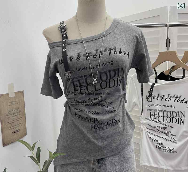 Garments - Tシャツ メンズ レディース 短袖 切り替え 斜肩 プリント クロップド コットン 素材 セクシー スタイル 街頭 ファッション 夏 春夏 白 灰色 黒 ユニセックス トップス インナー 日常使い 軽量 吸収性 良い 欧米風 トレンド