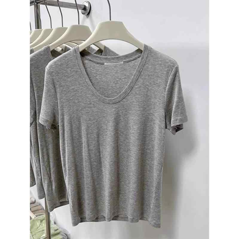 Rakuten - Tシャツ レディース 短袖 Uネック 切り替え インナー トップス 灰 黒 白 深灰 浅灰 春 春季 雪ニール 氨纶 混紡 幅広 ゆったり シルエット 私服 気質 シンプル 百搭 夏 涼しい 伸縮 素材 吸湿 速乾 機能 軽量 柔軟 カジュアル スタイル