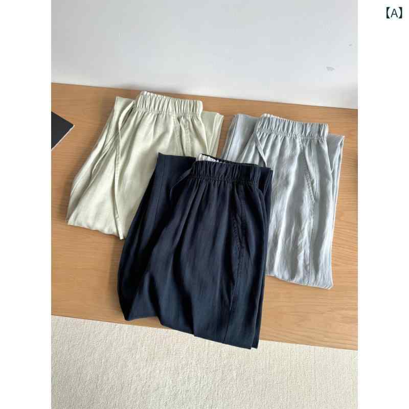 リメイクバディーのレディース ワイドパンツ コットン リネン 素材 軽量 薄手 高腰 ストレート シルエット ゆったり フィット スリム 効果 ドレープ 感 夏 シーズン 日常 使い 深藏青 霧灰 ライト カーキ 色 東南アジア 向け 快適 スタイル 日韓 風｜アングル3