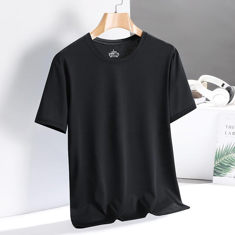 Three-Quarter - Tシャツ メンズ 短袖 薄手 速乾 伸縮性 網目 接触冷感 ニット ニロン 素材 透気性 丸首 無帽 ゆったり シルエット 条紋 柄 純色 青春 流行 18-24歳 対象 成人 男性 白色 灰色 黒 深藍 霧藍 カラー 春夏 春秋 シーズン 屋外 アクテ