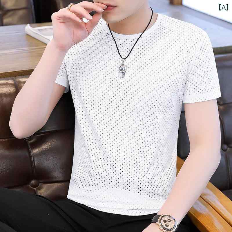 樂天商城 - メンズ Tシャツ 短袖 メッシュ 透気 接触冷感 涤纶 ストレッチ 修身 薄手 丸首 シンプル 夏季 白色 緑 黒 日常 カジュアル 軽量 速乾 機能性 トップス 無地 青年 メンズウェア 涼しい 快適 ユニセックス スタイル 基本 都市 ファッション