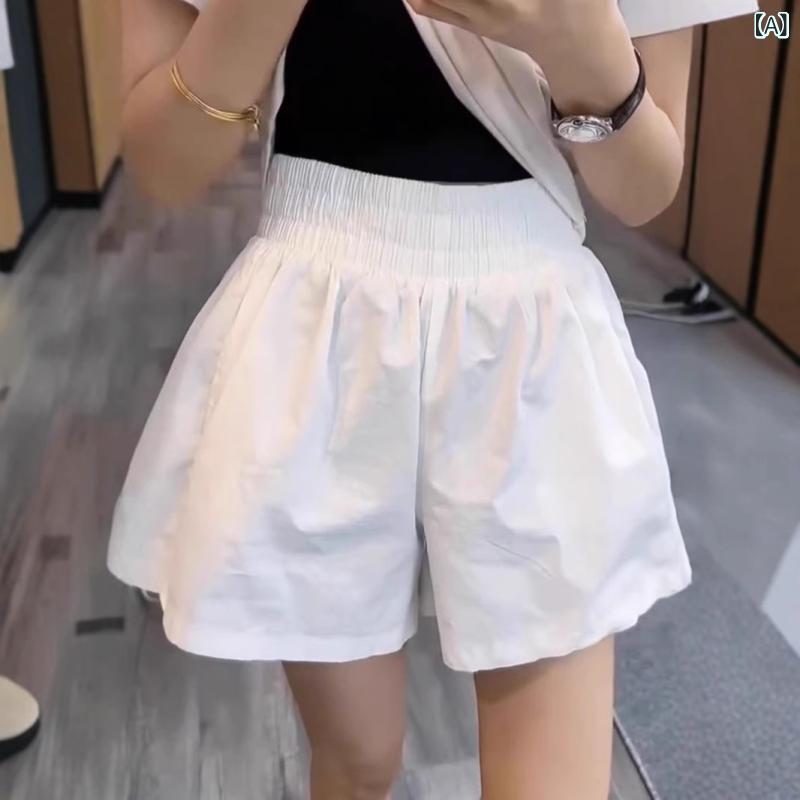 レディース ホットパンツ 春夏 白色 黒 シンプル デザイン Aライン プリーツ 加工 涤纶 ポリエステル 繊維 95%以上 ミッドウェイト 松緊腰 ストレッチ ポケット 付き 韓国風 カジュアル 快適 ゆったり ワイドレッグ ショート 丈 軽やか 涼し