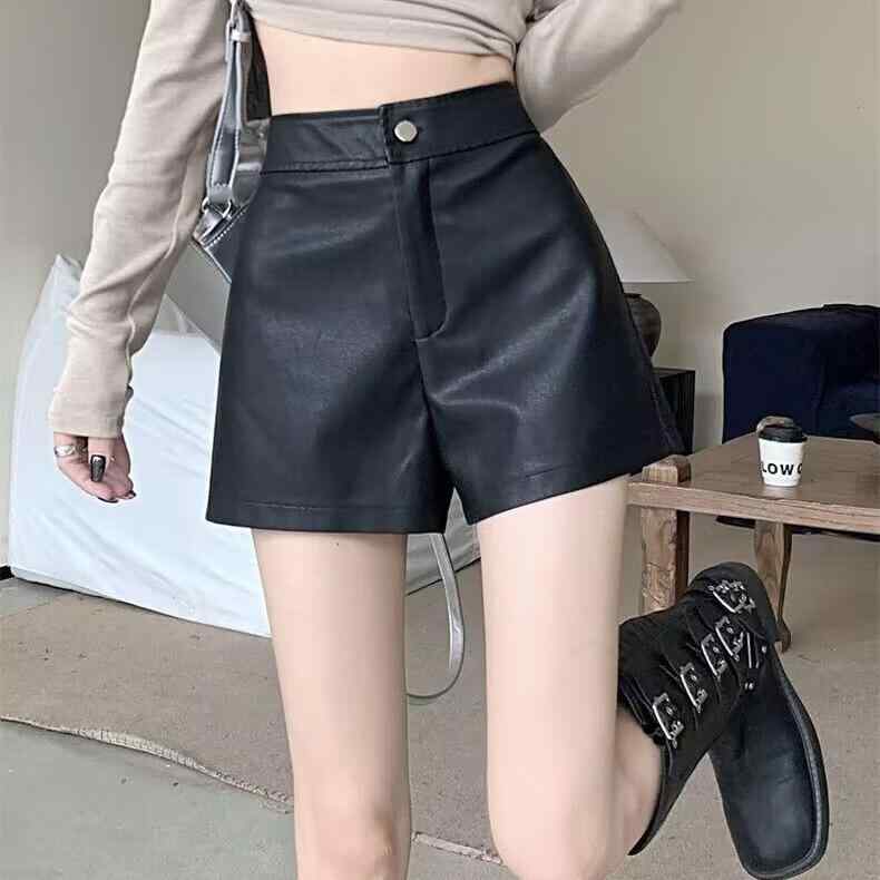 レディース ショートパンツ PU素材 高腰 黒 ワイドレッグ Aライン 熱パンツ ファッション ブーツカット ズボン 街着 セクシー 切り替え デザイン ミドル厚 ノーエラスティック ジッパー 付き トレンド スタイル コートパンツ ハーフパンツ デニム