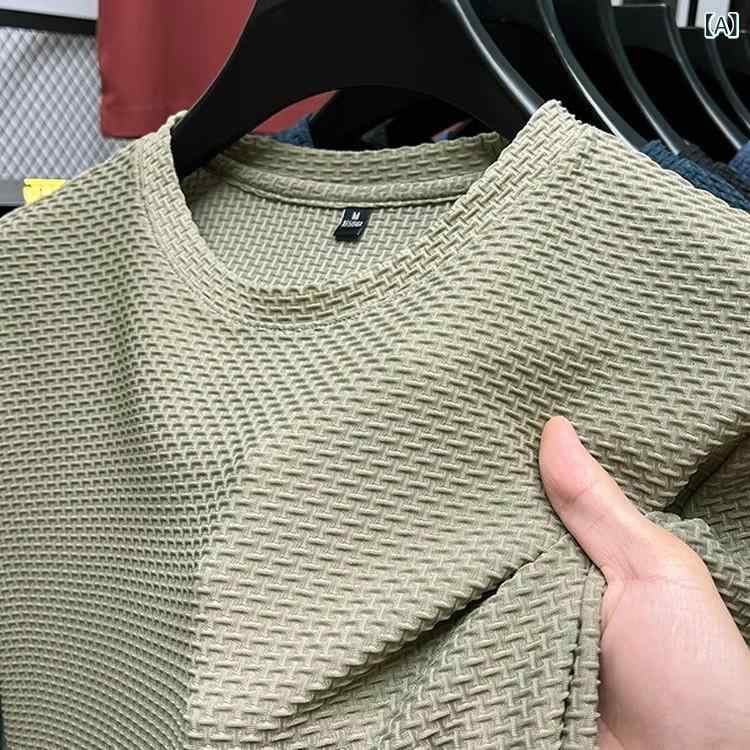 T-Shirts - メンズ Tシャツ 短袖 夏 竹節 アイスシルク 弾力 スリムフィット クール感 トップス 透気性 薄手 丸首 セットアップなし 日常 使い カジュイ 色 黒 紺 グレー 素材 ポリエステル 繊維 コットン 合体型 ベース スタイル 純色 柄 青少年 向け