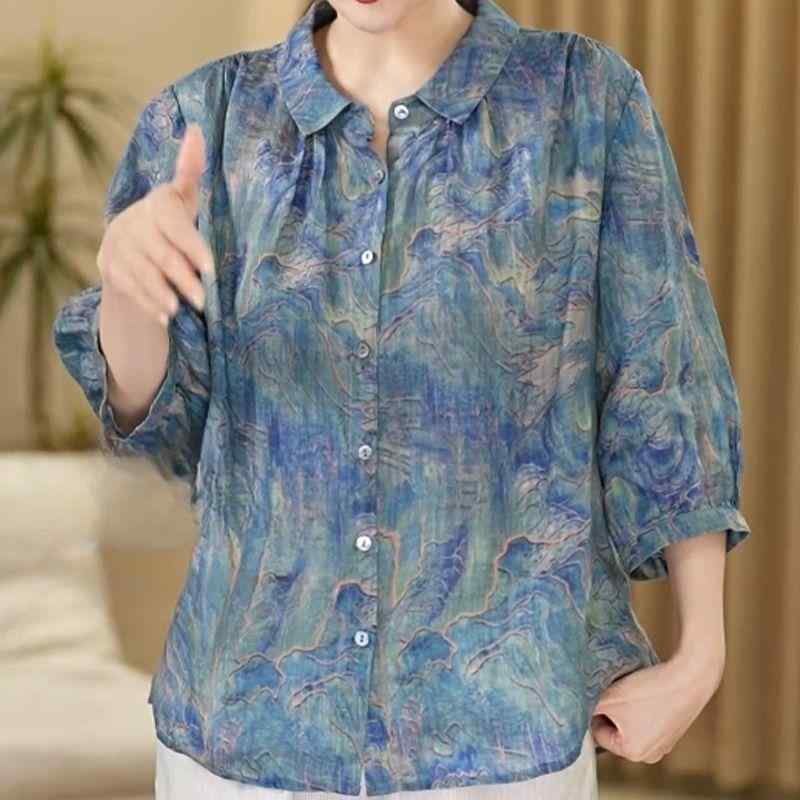 レディース シャツ 民族風 開襟 七分袖 インナー トップス 短袖 Tシャツ かわいい ポロシャツ ボタン ポロカラー インディゴ ポリエステル 花柄 プリント ゆったり ワイド シルエット 隠れ腹 ボディカバー ボヘミアン スタイル 復古 春夏 日常使