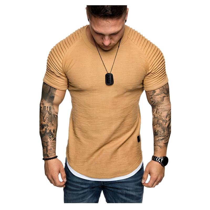 メンズ Tシャツ 短袖 ラウンドネック スリムフィット プリーツ 挿肩袖 ゆったり 綿混紡 透気性 色牢度 高 薄手 春夏秋 白色 黒 グレー ..