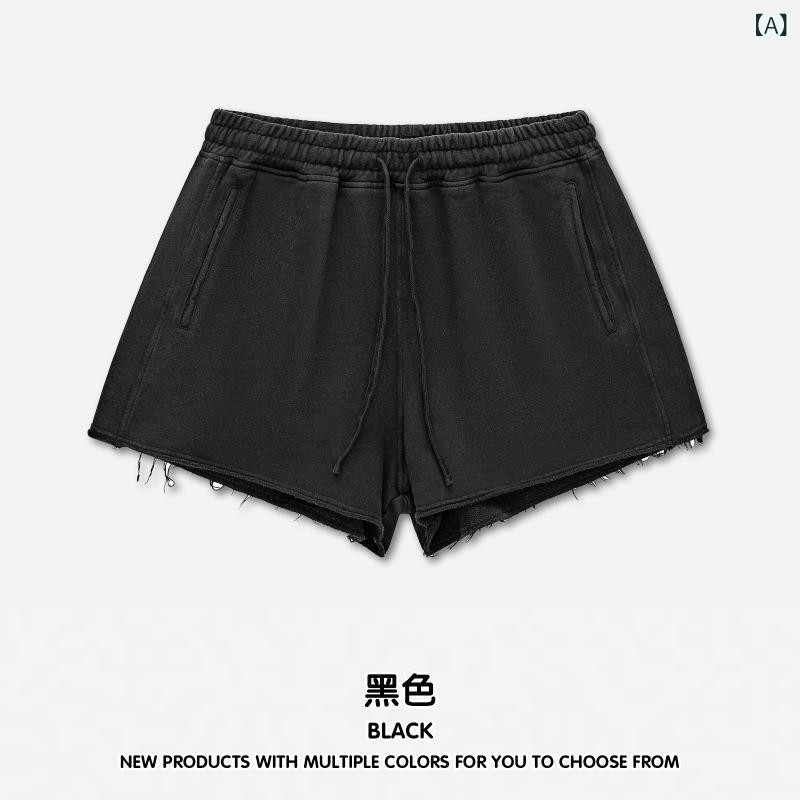 ・主な素材: 綿100%・カラー展開: ブラック、グレー、ピンク、インディゴ・サイズ展開: S、M、L、XL・スタイル: ストリート・パンツ丈: 3分丈・ウエスト: ミッドライズ・厚み: 薄手・パンツタイプ: ストレート・ストレッチ: 微弾性・加工: ワッシュド