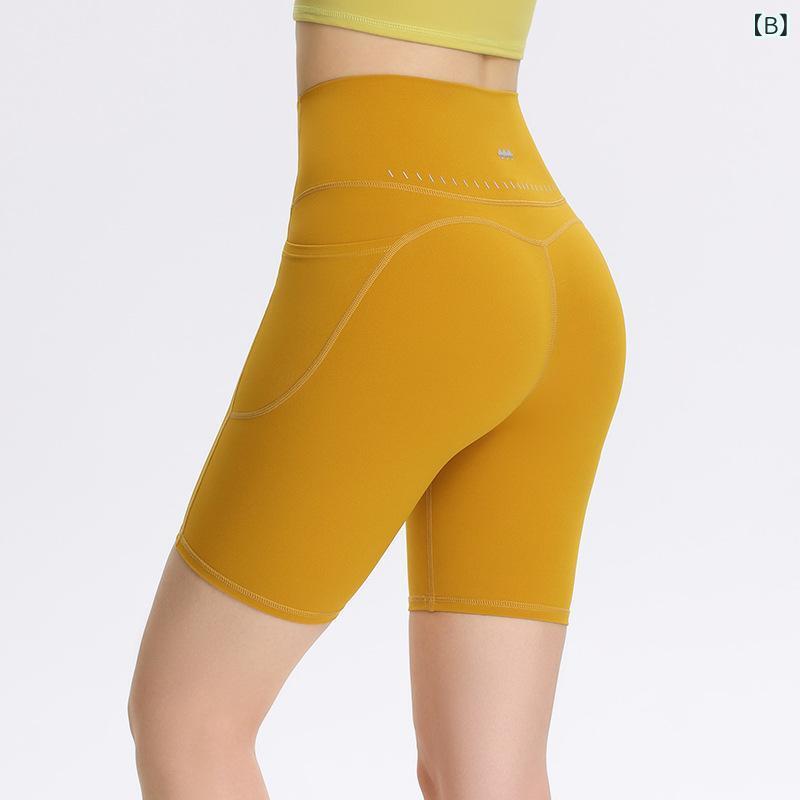リメイクバディーのレディース ヨガパンツ 高腰 ヒップアップ ポケット付き フィットネス サイクリング ショートパンツ 夏 黒 蜂蜜黄 木莓 紫灰 伸縮性 軽量 速乾 吸湿 女性用 運動 室内外 ランニング トレーニング ナイロン スパンデックス ミックス 素材 快適 フ｜アングル2