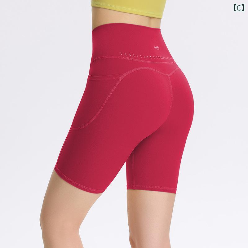 リメイクバディーのレディース ヨガパンツ 高腰 ヒップアップ ポケット付き フィットネス サイクリング ショートパンツ 夏 黒 蜂蜜黄 木莓 紫灰 伸縮性 軽量 速乾 吸湿 女性用 運動 室内外 ランニング トレーニング ナイロン スパンデックス ミックス 素材 快適 フ｜アングル3