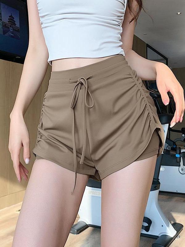 レディース ヨガパンツ 短パン 高腰 弾力 プリーツ ドローストリング ランニング トレーニング フィットネス 透気性 ナイロン素材 黒 白 ベージュ イエロー ライトパープル