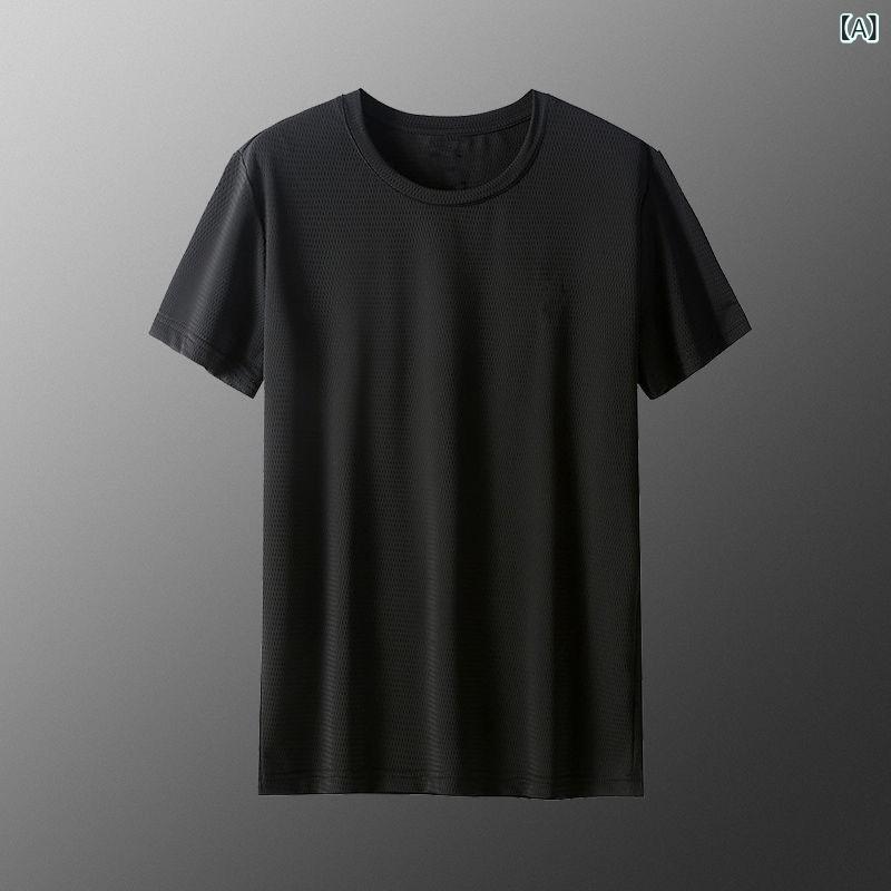 Garments - メンズ Tシャツ 短袖 丸首 薄手 速乾 透気 メッシュ 弾力 鳥眼布 ポリエステル 黒 白 グレー ネイビー 青 運動 夏季 ゆったり 青少年 成人 基礎 人気 軽量 涼しい カジュアル 日常使い アクティブ