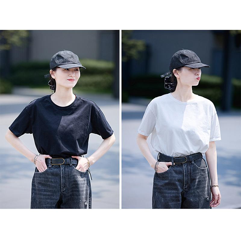 Tシャツ 短袖 背心 レディース 綿 素材 柔らか 肌触り シンプル デザイン ゆったり シルエット 丸首 染色加工 ビンテージ風 要素 気質 通勤 スタイル 都市 ファッション 夏 シーズン 白 黒 2色 展開