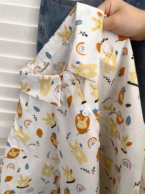 レディース シャツ 開衫 トップス 短袖 夏季 涤纶 化繊 ポリエステル 95% 以上 动漫 卡通 プリント 花柄 印花 シャツカラー 袖 シャツ領 開襟 デザイン 寛鬆 ルーズ 休闲 日韓 スタイル カジュアル 風 夏服 軽やか 通気性 涼しい 普段使