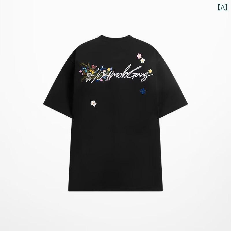 樂天商城 - Tシャツ メンズ レディース 短袖 半袖 丸首 ゆったり 綿 花柄 アルファベット プリント 植物モチーフ 透気性 耐摩耗 黒 白 杏 日常 夏 ストリートファッション ティーン向け セットアップなし