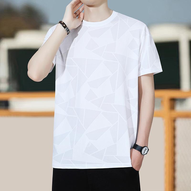 乐天商城 - メンズ Tシャツ 短袖 速乾 アイスシルク ネット目 丸首 透気 修身 薄手 3D柄 提花 免烫 運動 青春 18-24歳 大きめ ポリエステル 96%以上 化繊混紡 400g以上 天藍 宝藍 黒 白 灰 ピンク 夏 M-L-XXXXL 1-2cm誤差