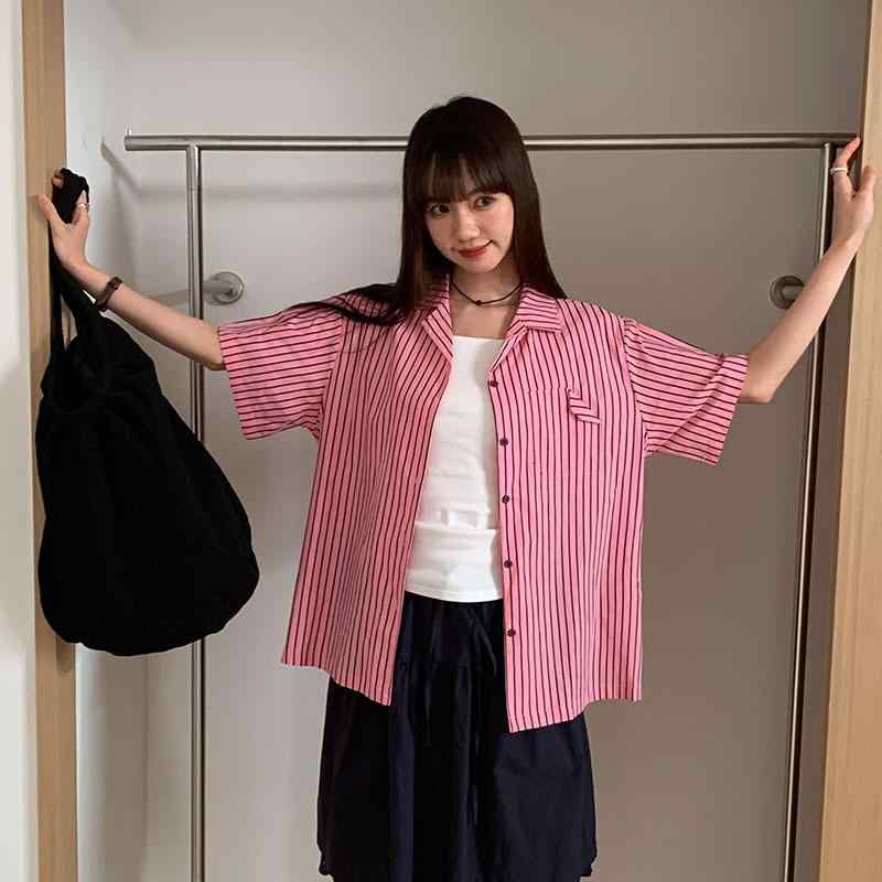 乐天商城 - レディース シャツ トップス ピンク ストライプ 短袖 夏 涤纶 ポリエステル繊維 アセテート繊維 ストレッチ 3D 効果 純色 A字型 無領 ローズピンク 細ストライプ 幅広ストライプ 日韓 スタイル 休闲 風 染色 シングルブレスト ボタン