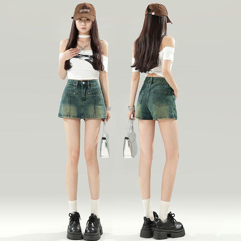 Rakuten - デニム スカートパンツ レディース 高腰 Aライン 超短丈 ホットパンツ 直筒型 微弾性 綿素材 中厚 ヴィンテージ風 加工 気質 通勤スタイル 復古 青 春季 オールシーズン 普段使い 軽量 伸縮性