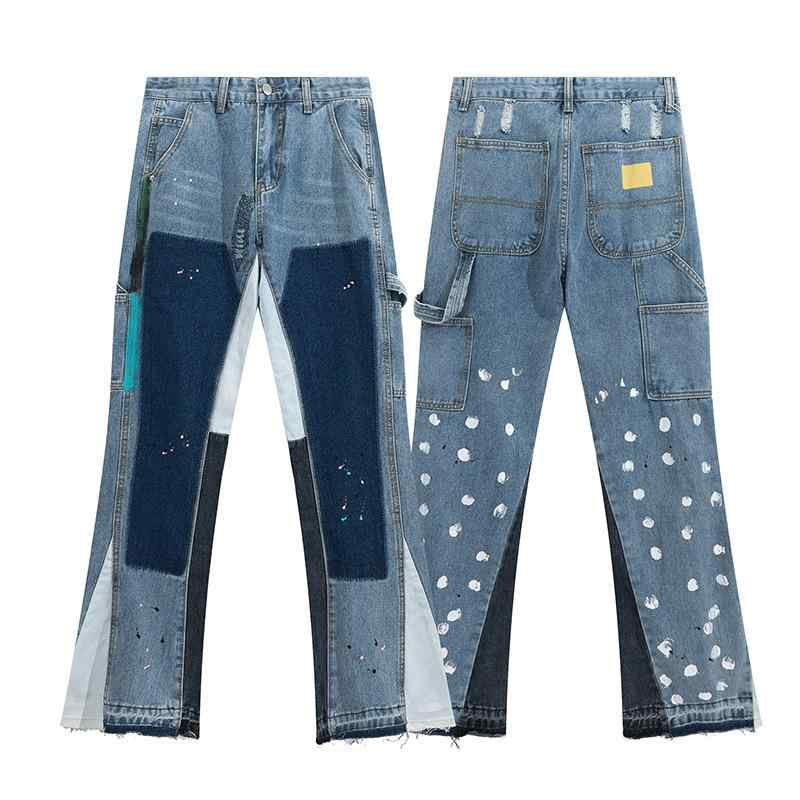 Cropped Pants - 牛仔裤 メンズ レディース 復古 切り替え プリント デニムパンツ マイクロフレア ミッドライズ ミディアムウェイト 綿 ストレッチ 水洗加工 長丈 カジュアル デイリー ストリート ファッション タイムレス スタイル ブルー ブラック グレー ユニセッ