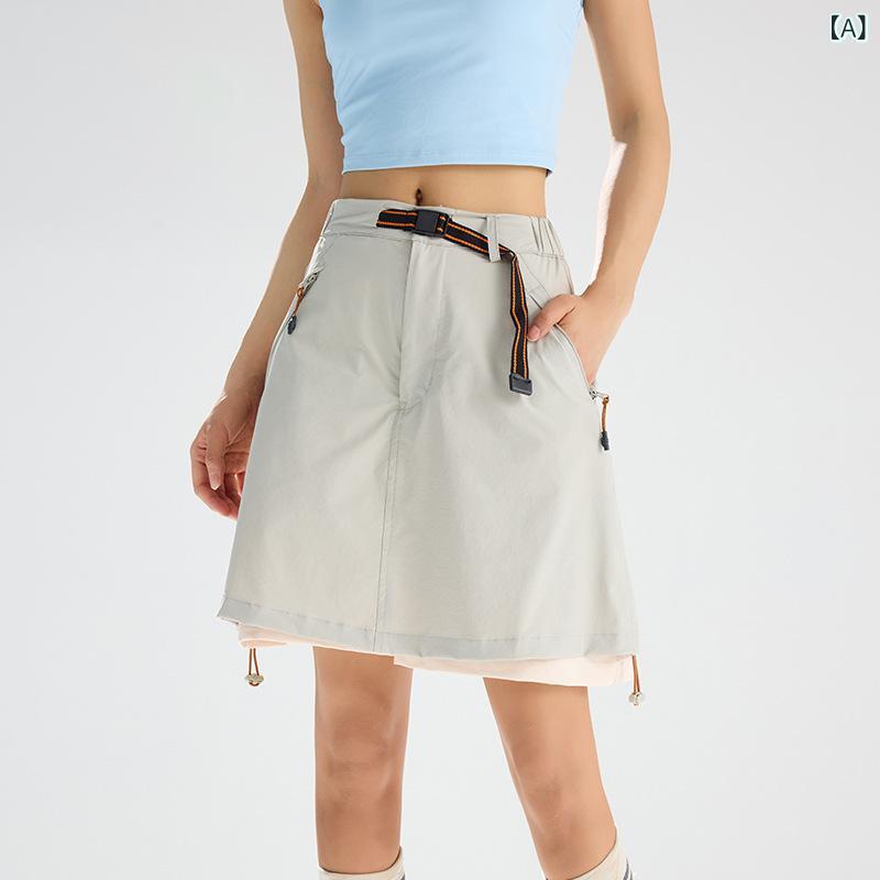 Pants - レディース スカート 工装 Aライン 短パン 半身スカート 偽ツーピース 薄手 中腰 5分丈 ナイロン スパンデックス 混紡 微弾性 通気性 免烫加工 系帯 デザイン 気質 通勤 スタイル 個性 ストリート 夏 浅灰 紫 黒 防走光 インナーライニング