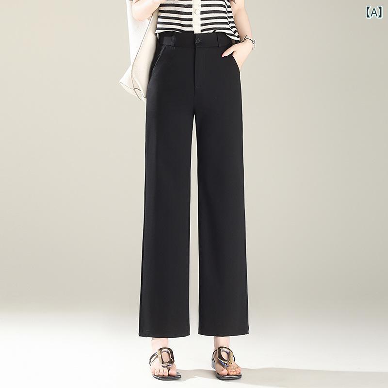 Work Clothes （Office） - レディース ワイドパンツ 夏 黒 クロップドパンツ ストレートパンツ スーツパンツ 通勤 普段使い 気質 優雅 薄手 高腰 垂感 修身 ゆったり スリム 切り替え 聚酯繊維 ナイロン 軽量 涼しい クロップド丈 九分丈 ブラック 夏用