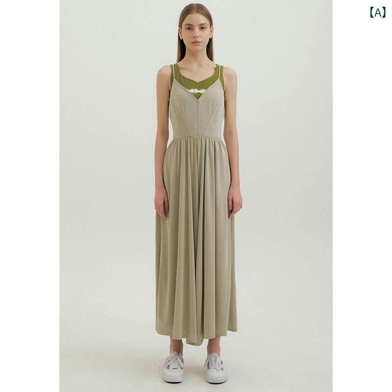 裙子 - レディース ヨガ ワンピース スカート セット セクシー 背中 ホロー ゆったり ワイドレッグ パラティ トップス Vネック キャミソール 気質 綿 レディース 透気性 無袖 セットアップ 及臀 通常版型 墨緑 浅紫 黒 女性 夏 春 秋 冬 通年 ラン