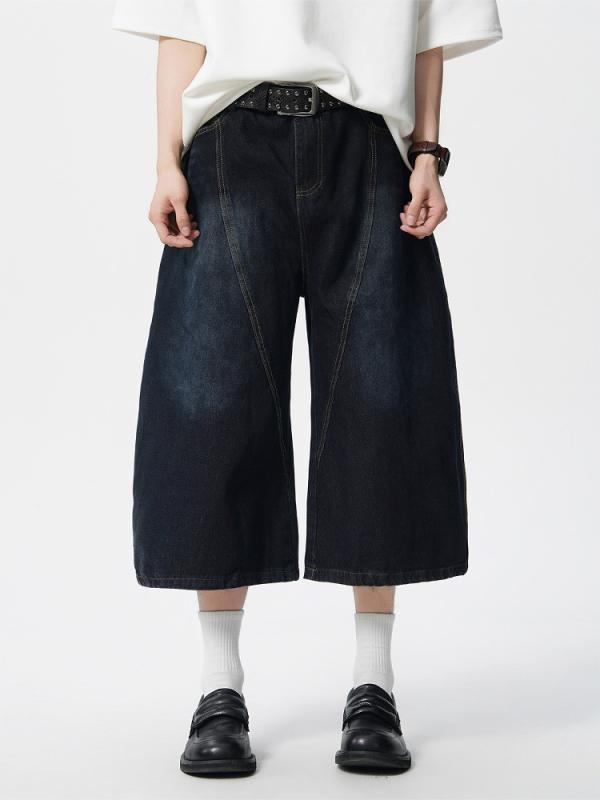 樂天商城 - メンズ 牛仔パンツ デニム 短パン 七分丈 夏用 切り替え 刺繍 ワイドレッグ ヴィンテージ風 綿素材 微弾性 ブルー 中腰 直筒 日常使い 港風 基本款 青少年向け 軽量 伸縮性 通勤 通学 カジュアル ファッション