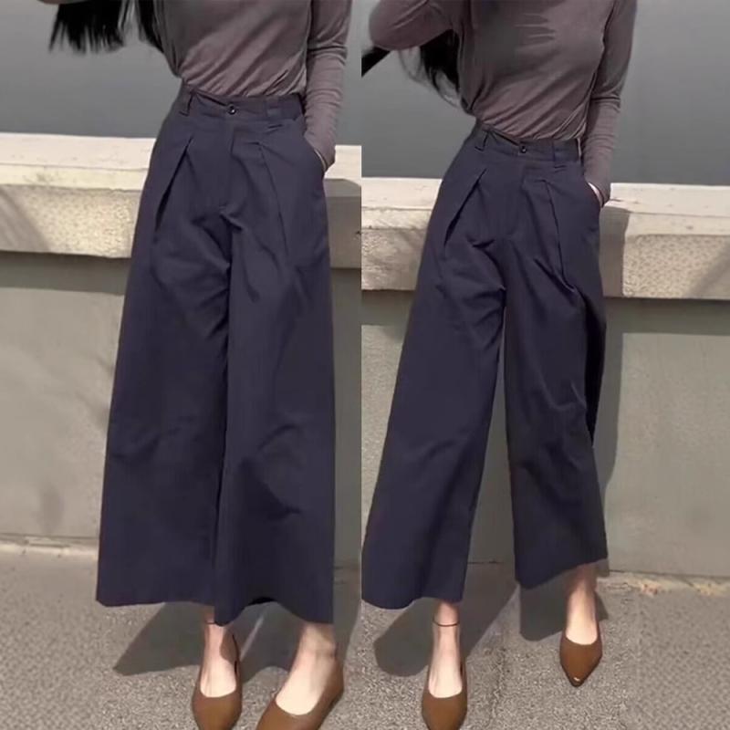 レディース ワイドパンツ 高腰 九分丈 スラックス 涤纶 素材 気質 通勤 スタイル 直筒 シルエット クロップド 丈 ラフ デザイン デイリ..