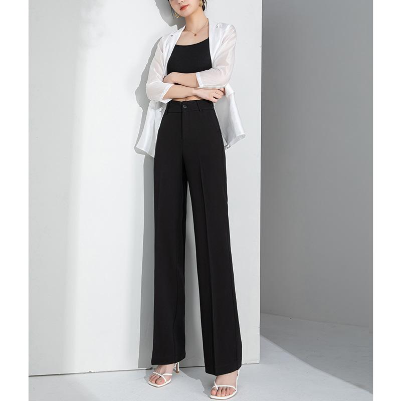 Work Clothes （Office） - レディース ワイドパンツ ハイウエスト ストレートパンツ 長ズボン 落ち感 ゆったり スリム 通勤 職業 気質 涼しい 軽量 ポリエステル スパンデックス ミックス ブラック ホワイト 微弾力 基本 ボタン 春夏