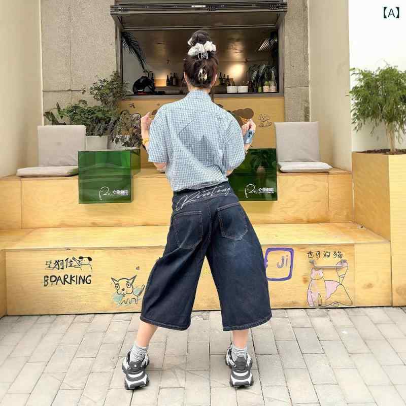 Cropped Pants - レディース デニム ショートパンツ 七分丈 牛仔 綿 素材 高腰 薄手 直筒 ワイドレッグ 切り替え 刺繍 字母 デザイン 夏 ブルー 街頭風 潮人 スタイル 軽量 伸縮性 なし カジュアル 普段使い アウトドア 2025 シーズン