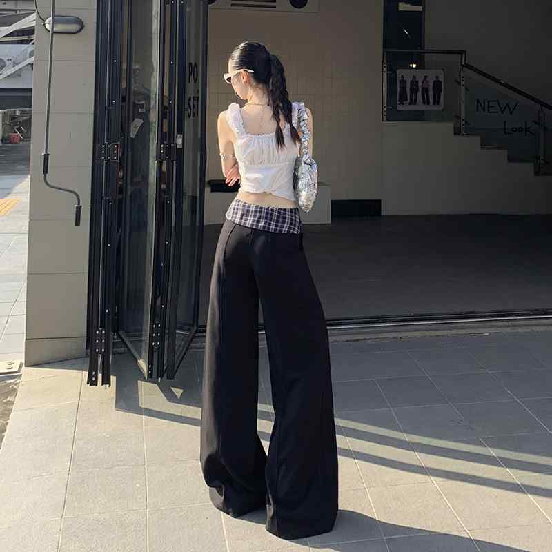 レディース ワイドパンツ チェック柄 切り替え 高腰 黒 グレー 長丈 ロングパンツ ゆったり ルーズ ワイドレッグ ポリエステル スパン..