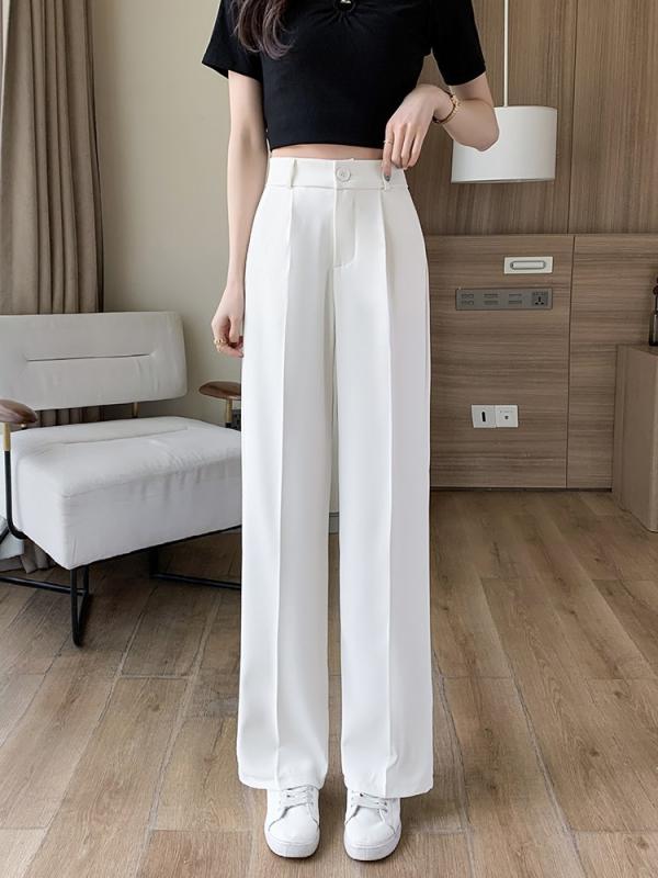 Pants - レディース ワイドパンツ 高腰 黒 直筒 マイクロストレッチ ポリエステル 免烫 気質 通勤 普段使い 秋 オフィスカジュアル ビジネス 涼しい 軽量 スリム シルエット ロング丈