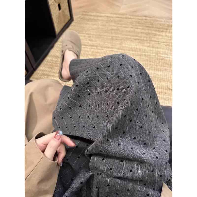 レディース ワイドパンツ 灰色 ストライプ柄 高腰 長丈 ポケット ポリエステル ゆったりシルエット 松弛感 通勤 気質 都市風 秋 秋冬 ..
