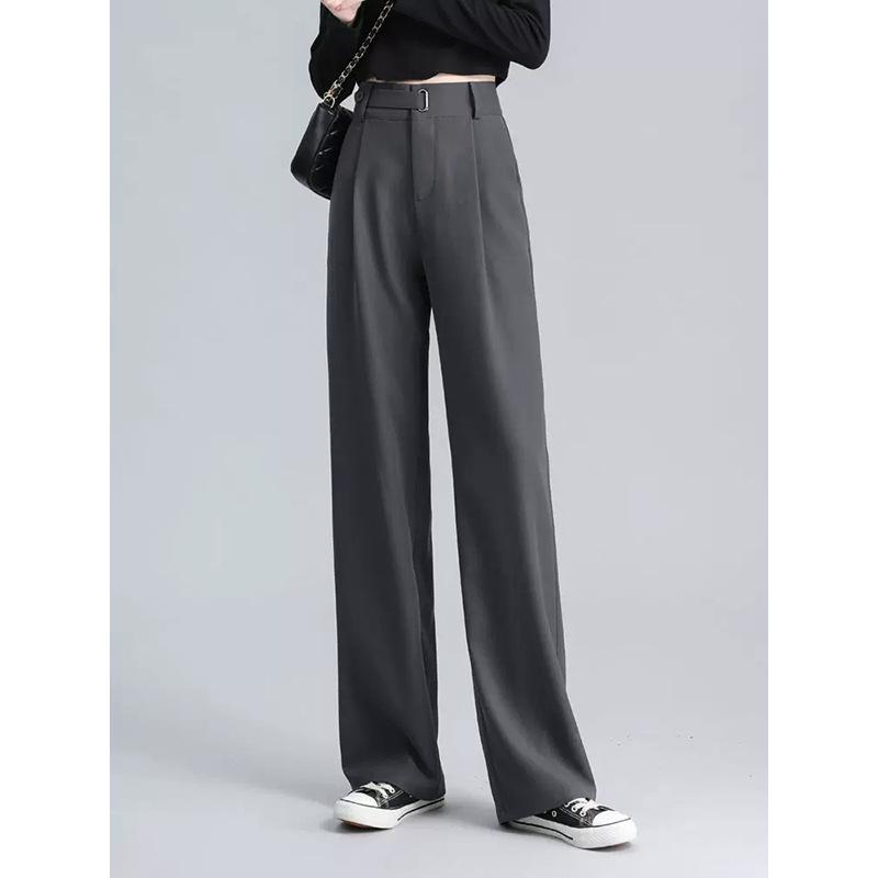 レディース ワイドパンツ 高腰 ロングパンツ スレンダー ゆったり ストレート 西装パンツ ポリエステル 微弾性 ポケット グレー 黒 通勤 気質 スタイル オフィス 普段使い ビジネス 女性用 春 ロング丈 膝下 膝下丈 膝丈 ミドル ミドル丈 ミドル
