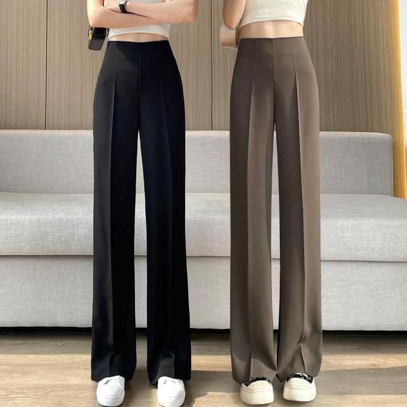 レディース 西装パンツ 微喇 スーツパンツ 高腰 ワイドレッグ ストレート ロングパンツ 涼しい 接触冷感 ポリエステル 微弾性 気質 通勤 普段使い 麦栗 黒 白