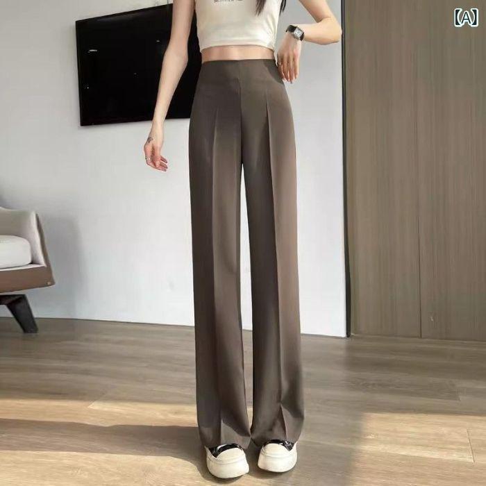 リメイクバディーのレディース 西装パンツ 微喇 スーツパンツ 高腰 ワイドレッグ ストレート ロングパンツ 涼しい 接触冷感 ポリエステル 微弾性 気質 通勤 普段使い 麦栗 黒 白｜アングル2