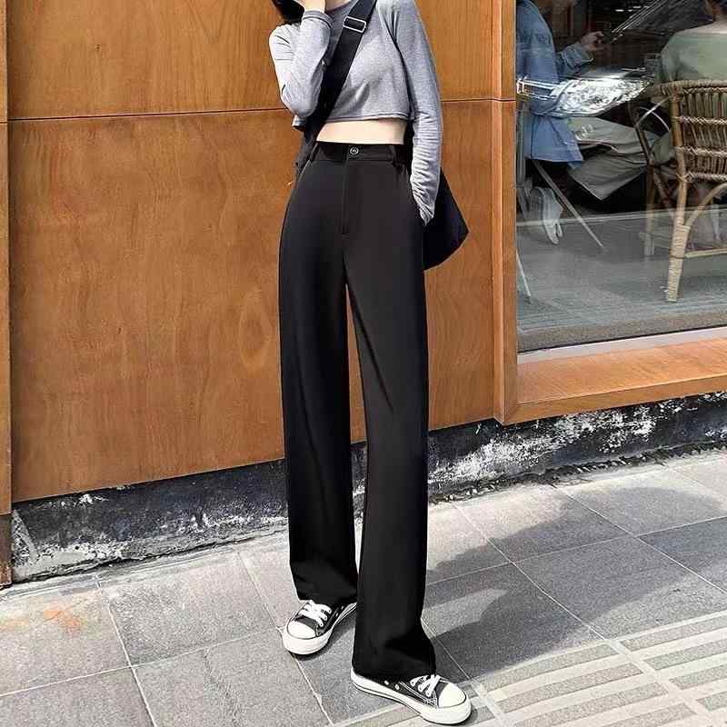 レディース ワイドパンツ 黒 夏 薄手 高腰 スリム ゆったり ストレート スーツパン...